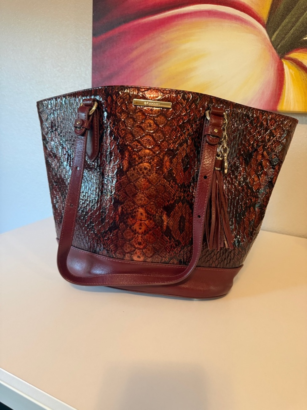 Brahmin Red Snake-Print Tote Bag with Tassel